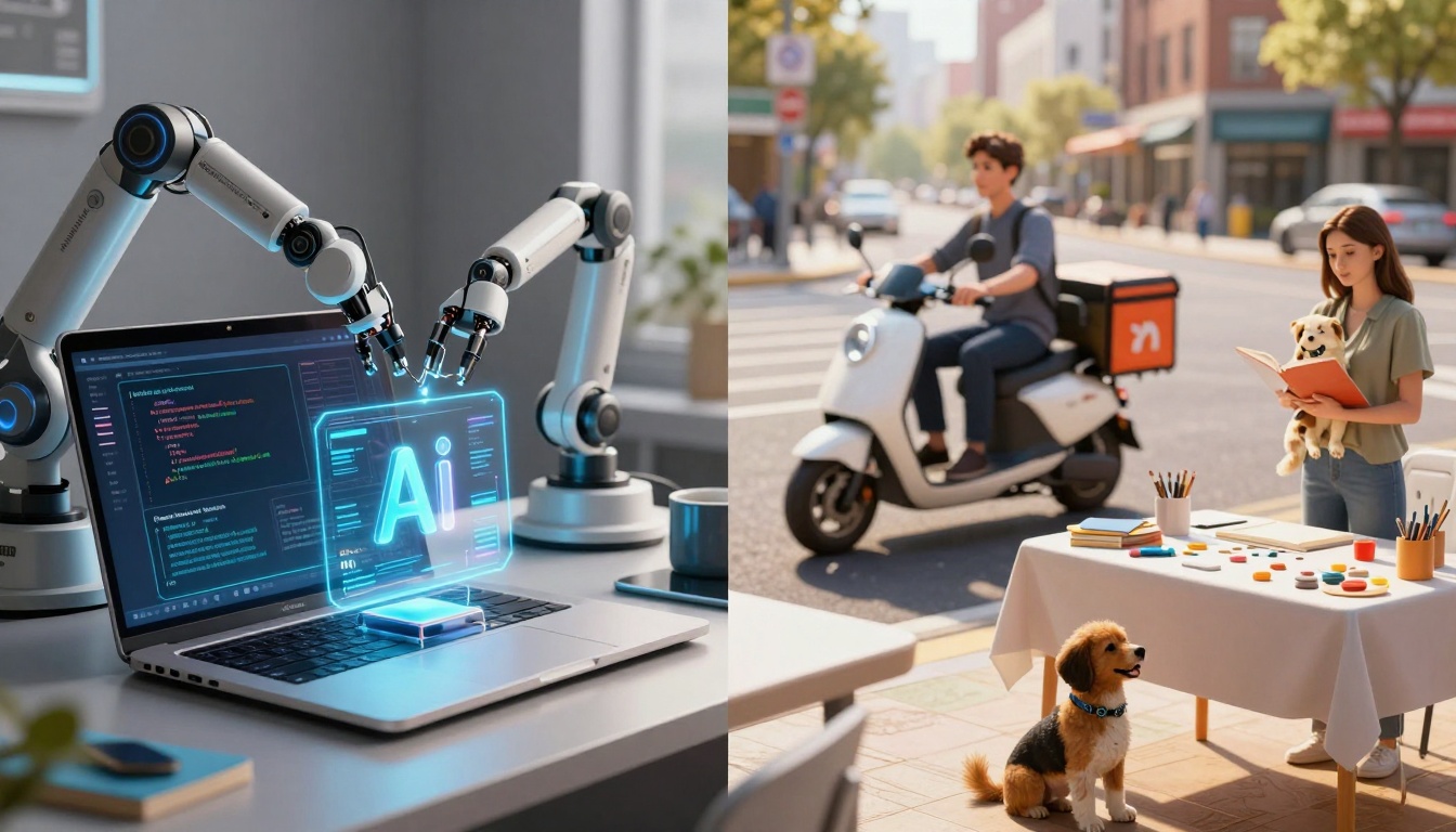 On the left, robotic arms work over a laptop displaying code with a glowing "AI" hologram. On the right, a person rides a scooter in a city street. Another person, holding a puppy and a book, stands by a table with art supplies, while a dog sits nearby.