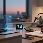 A person writes in a notebook at a desk with a laptop displaying code, a digital clock showing 7:10, a calculator, and a smartphone. A kettle sits on a counter in a softly lit room with a cityscape visible through the window at dusk.