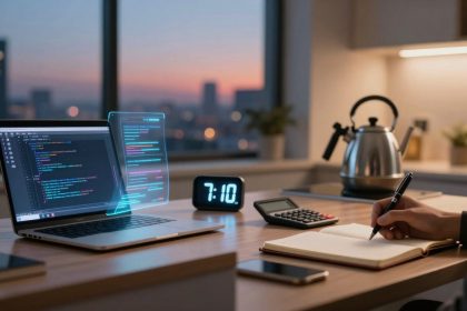 A person writes in a notebook at a desk with a laptop displaying code, a digital clock showing 7:10, a calculator, and a smartphone. A kettle sits on a counter in a softly lit room with a cityscape visible through the window at dusk.