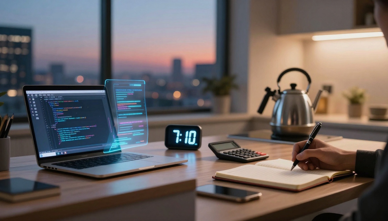 A person writes in a notebook at a desk with a laptop displaying code, a digital clock showing 7:10, a calculator, and a smartphone. A kettle sits on a counter in a softly lit room with a cityscape visible through the window at dusk.