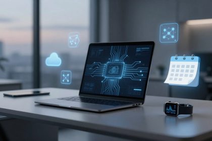 A laptop displaying a digital circuit pattern on its screen sits on a desk. Nearby are a smartwatch showing a graph, a smartphone, and holographic icons of a calendar and cloud. The setting is a modern office with large windows.
