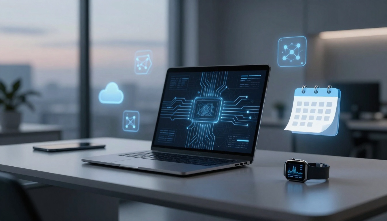A laptop displaying a digital circuit pattern on its screen sits on a desk. Nearby are a smartwatch showing a graph, a smartphone, and holographic icons of a calendar and cloud. The setting is a modern office with large windows.