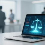 Laptop on a desk displaying a digital scales of justice graphic. In the blurred background, four people are having a discussion in an office setting.
