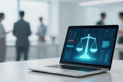 Laptop on a desk displaying a digital scales of justice graphic. In the blurred background, four people are having a discussion in an office setting.