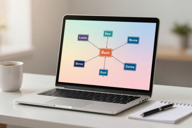 A laptop on a desk displays a mind map with a central orange box labeled "Buirr." Connected boxes are labeled "Bevne," "Deirne," "Buirr," "Berna," "Leime," and "Resr" in various colors. A white coffee mug and a notepad with a pen sit nearby.