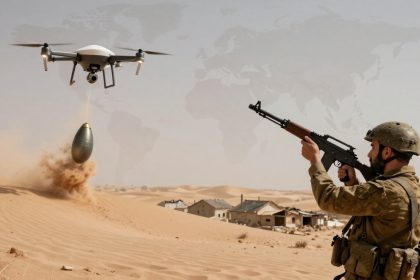 A soldier in camouflage and helmet aims a rifle at a flying drone dropping a bomb in a desert. Dust rises around the impact area, with scattered buildings in the background.