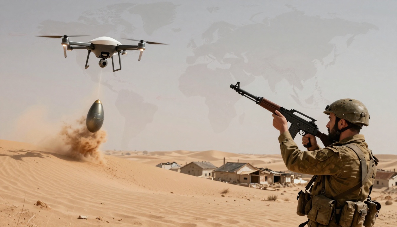 A soldier in camouflage and helmet aims a rifle at a flying drone dropping a bomb in a desert. Dust rises around the impact area, with scattered buildings in the background.