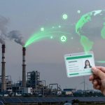 A person holds an ID card in the foreground, with a photo and text visible. In the background, a factory with smokestacks emits smoke. A digital green globe and icons are superimposed, suggesting environmental themes. Wind turbines and solar panels are also visible.