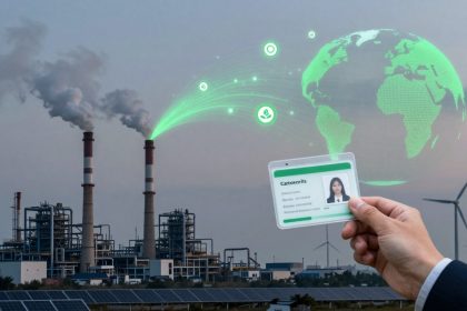 A person holds an ID card in the foreground, with a photo and text visible. In the background, a factory with smokestacks emits smoke. A digital green globe and icons are superimposed, suggesting environmental themes. Wind turbines and solar panels are also visible.