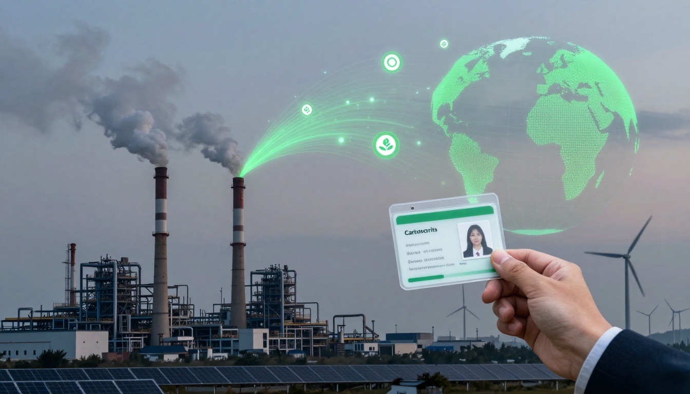 A person holds an ID card in the foreground, with a photo and text visible. In the background, a factory with smokestacks emits smoke. A digital green globe and icons are superimposed, suggesting environmental themes. Wind turbines and solar panels are also visible.