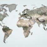 A world map with textured geographical features in muted earth tones. Icons of social media platforms are subtly overlaid on different regions.