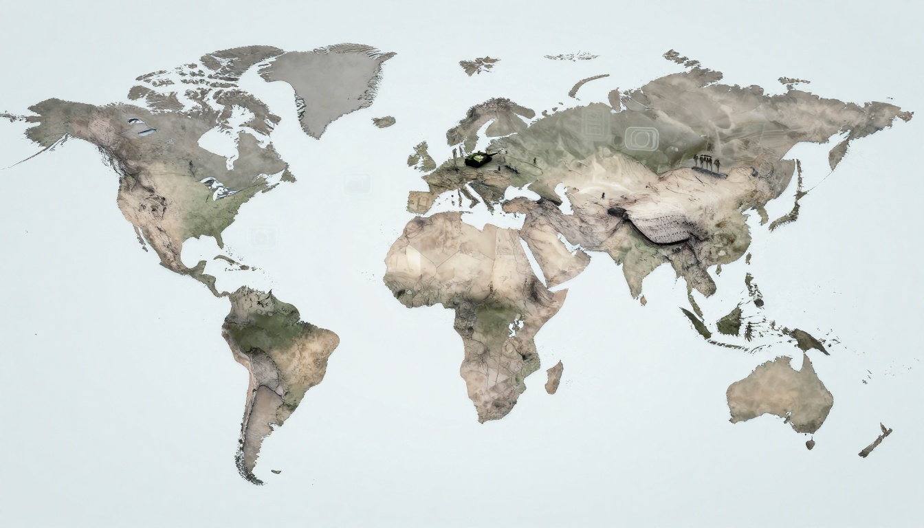 A world map with textured geographical features in muted earth tones. Icons of social media platforms are subtly overlaid on different regions.