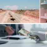 A split image. Top: A dirt road with potholes in a dry landscape, overlaid with a world map. Right: Shelves with medicine bottles. Bottom: A gloved hand passing money, with a laptop nearby and map overlay.