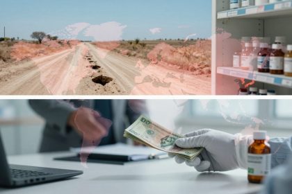 A split image. Top: A dirt road with potholes in a dry landscape, overlaid with a world map. Right: Shelves with medicine bottles. Bottom: A gloved hand passing money, with a laptop nearby and map overlay.