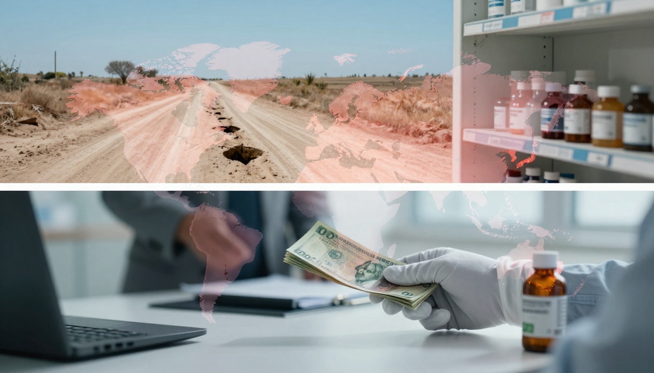 A split image. Top: A dirt road with potholes in a dry landscape, overlaid with a world map. Right: Shelves with medicine bottles. Bottom: A gloved hand passing money, with a laptop nearby and map overlay.