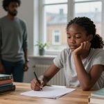 A young girl in a gray shirt writes on paper at a wooden table, surrounded by books. A blurred adult stands in the background near a window.