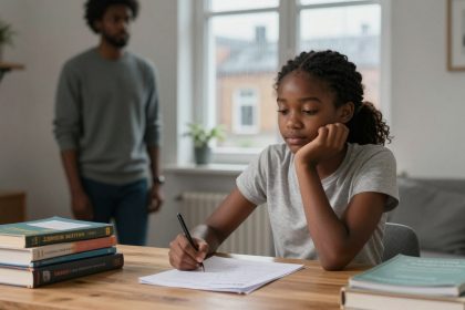 A young girl in a gray shirt writes on paper at a wooden table, surrounded by books. A blurred adult stands in the background near a window.