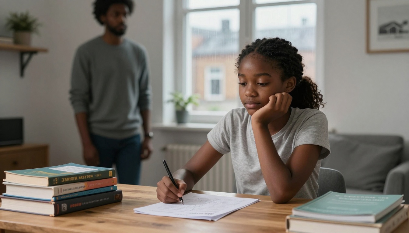 A young girl in a gray shirt writes on paper at a wooden table, surrounded by books. A blurred adult stands in the background near a window.
