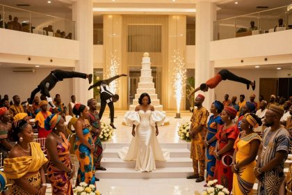 A bride in a white gown stands on steps in a large hall, flanked by guests in colorful African attire. Acrobats perform flips above, with a tall cake and sparklers in the background.