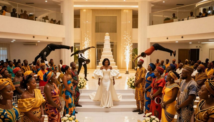 A bride in a white gown stands on steps in a large hall, flanked by guests in colorful African attire. Acrobats perform flips above, with a tall cake and sparklers in the background.