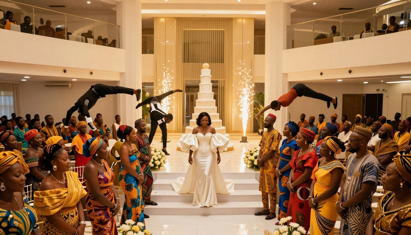 A bride in a white gown stands on steps in a large hall, flanked by guests in colorful African attire. Acrobats perform flips above, with a tall cake and sparklers in the background.