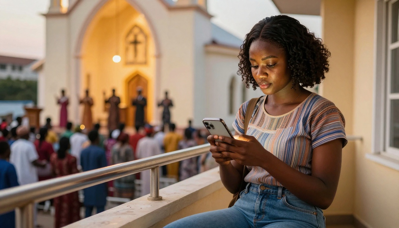 A woman with curly hair and a striped shirt is sitting on a balcony railing, looking at her phone. In the background, a crowd gathers in front of a church with an arched entrance and a cross.
