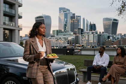 A woman in a plaid suit holds a coffee cup and food plate, standing by a luxury car. In the background, two people sit on a bench. The city skyline is visible at dusk.
