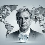 An older man in a suit stands in front of a world map made from newspaper clippings. A transparent globe with a cross symbol is in the foreground. The image is in grayscale.