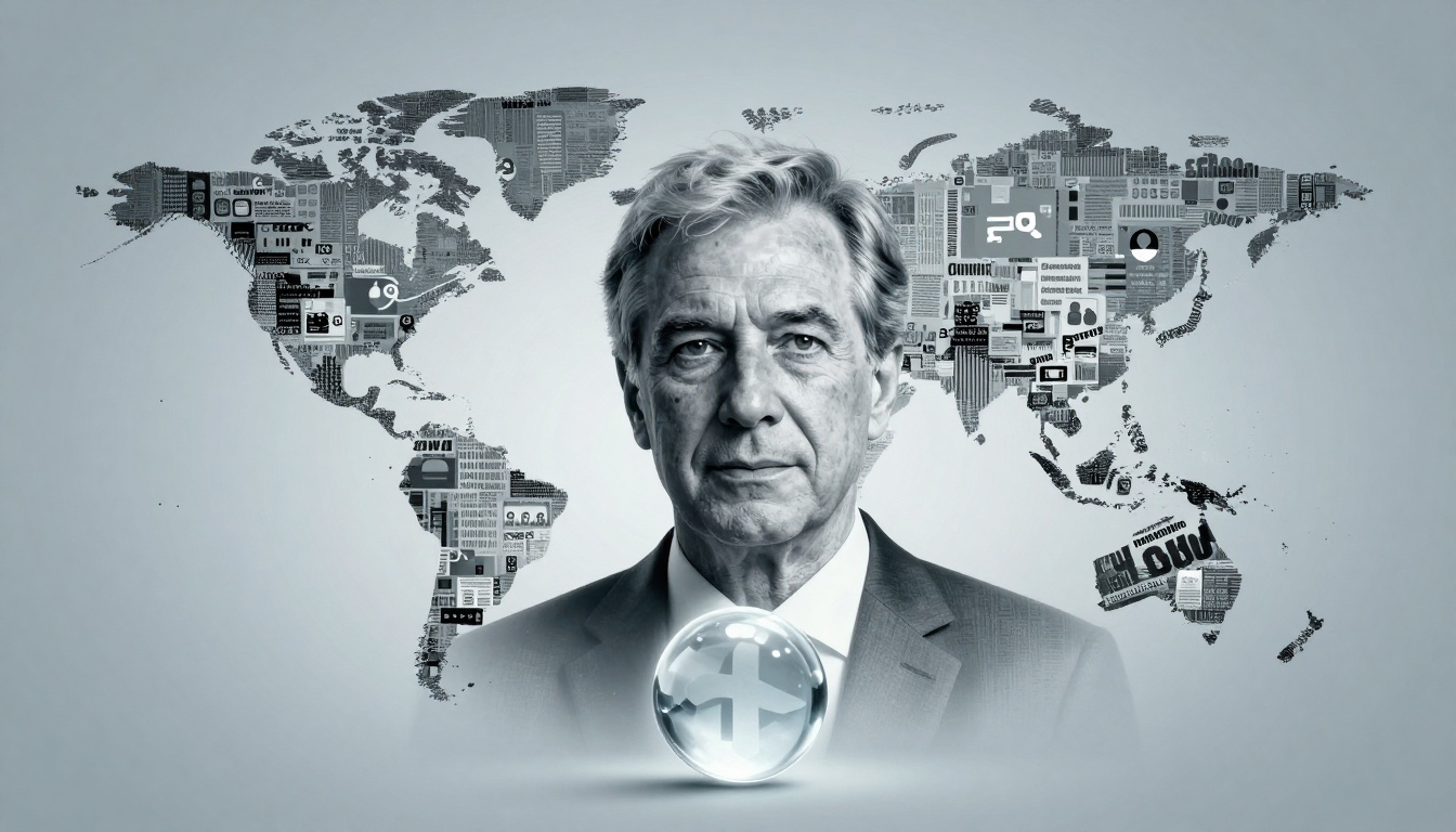 An older man in a suit stands in front of a world map made from newspaper clippings. A transparent globe with a cross symbol is in the foreground. The image is in grayscale.