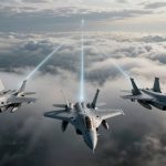 Three fighter jets fly in formation above clouds, each emitting a blue beam of light upward. A city skyline is visible in the distance.