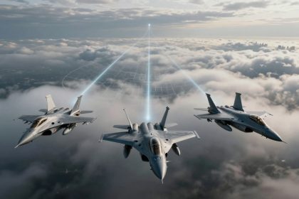 Three fighter jets fly in formation above clouds, each emitting a blue beam of light upward. A city skyline is visible in the distance.