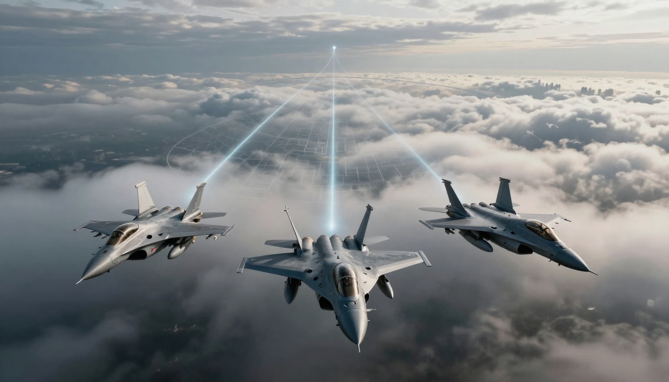 Three fighter jets fly in formation above clouds, each emitting a blue beam of light upward. A city skyline is visible in the distance.