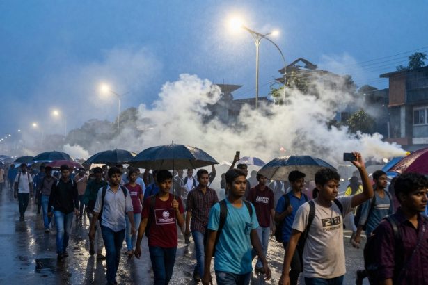 A group of people walking in the rain under umbrellas, with some taking photos. Streetlights illuminate the scene, and smoke fills the background.