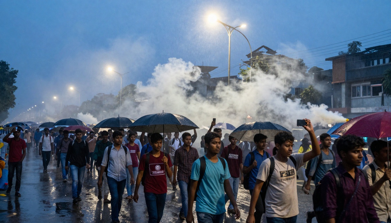 A group of people walking in the rain under umbrellas, with some taking photos. Streetlights illuminate the scene, and smoke fills the background.