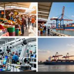 Top left: Market stall with colorful spices and smartphones, people browsing. Top right: Cargo ship with containers at a port. Bottom left: Robotic arms assembling smartphones in a factory. Bottom right: Cargo ship at sea during sunset.