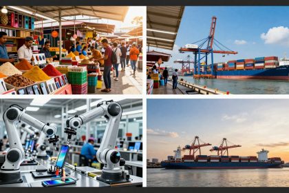 Top left: Market stall with colorful spices and smartphones, people browsing. Top right: Cargo ship with containers at a port. Bottom left: Robotic arms assembling smartphones in a factory. Bottom right: Cargo ship at sea during sunset.