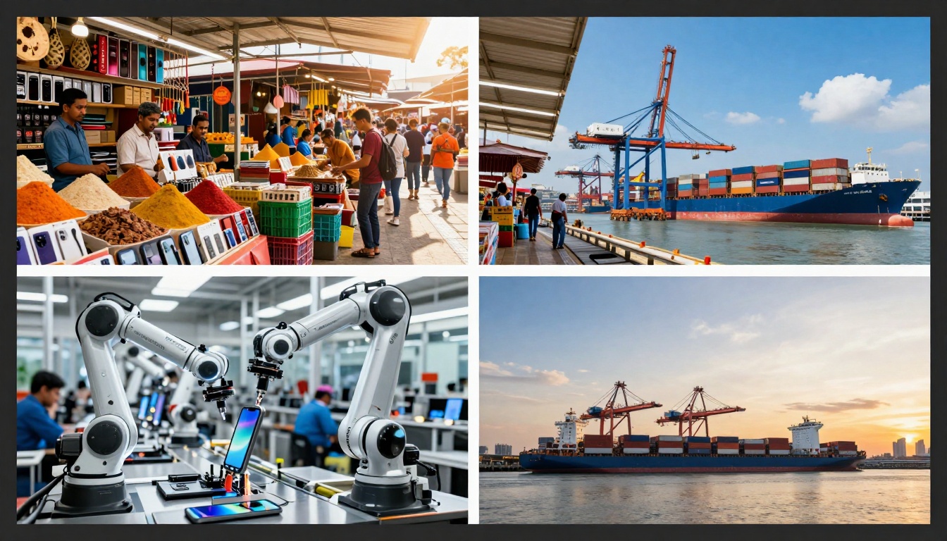 Top left: Market stall with colorful spices and smartphones, people browsing. Top right: Cargo ship with containers at a port. Bottom left: Robotic arms assembling smartphones in a factory. Bottom right: Cargo ship at sea during sunset.