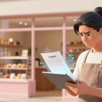 A concerned person with a bun hairstyle and an apron holds a tablet displaying a digital document. They're standing outside a bakery with bread on display.
