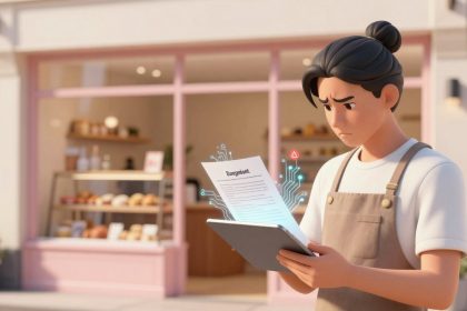A concerned person with a bun hairstyle and an apron holds a tablet displaying a digital document. They're standing outside a bakery with bread on display.