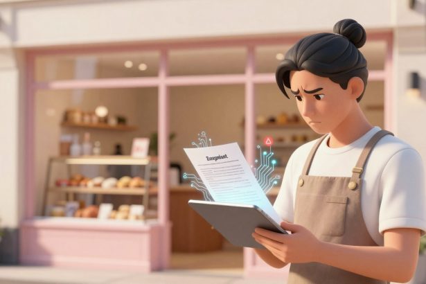 A concerned person with a bun hairstyle and an apron holds a tablet displaying a digital document. They're standing outside a bakery with bread on display.