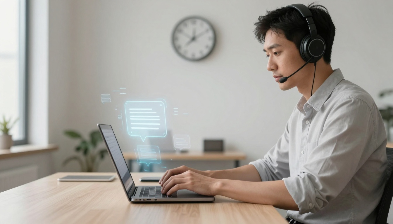 A person wearing a headset types on a laptop. Virtual chat bubbles appear above the screen. A clock and plant are in the background.