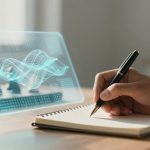 A hand writing with a pen on a notebook, with a holographic graph display floating above. Chess pieces are blurred in the background.