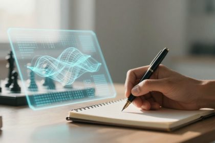 A hand writing with a pen on a notebook, with a holographic graph display floating above. Chess pieces are blurred in the background.
