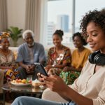 A woman with headphones around her neck is holding a smartphone with music notes emanating from it. In the background, five people sit on a couch, smiling and talking. A bowl of fruit is on the table in front of them, and a large window with a city view is in the background.