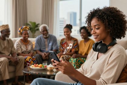 A woman with headphones around her neck is holding a smartphone with music notes emanating from it. In the background, five people sit on a couch, smiling and talking. A bowl of fruit is on the table in front of them, and a large window with a city view is in the background.