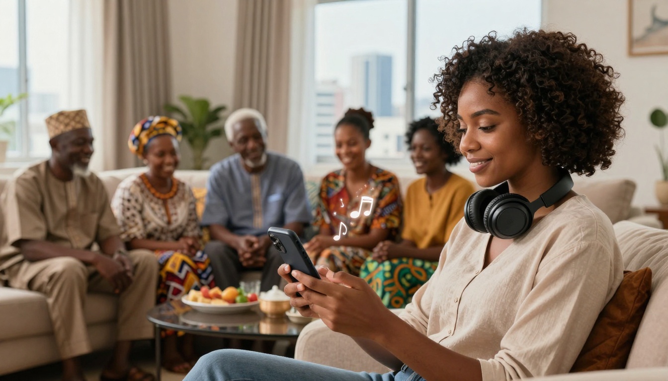 A woman with headphones around her neck is holding a smartphone with music notes emanating from it. In the background, five people sit on a couch, smiling and talking. A bowl of fruit is on the table in front of them, and a large window with a city view is in the background.
