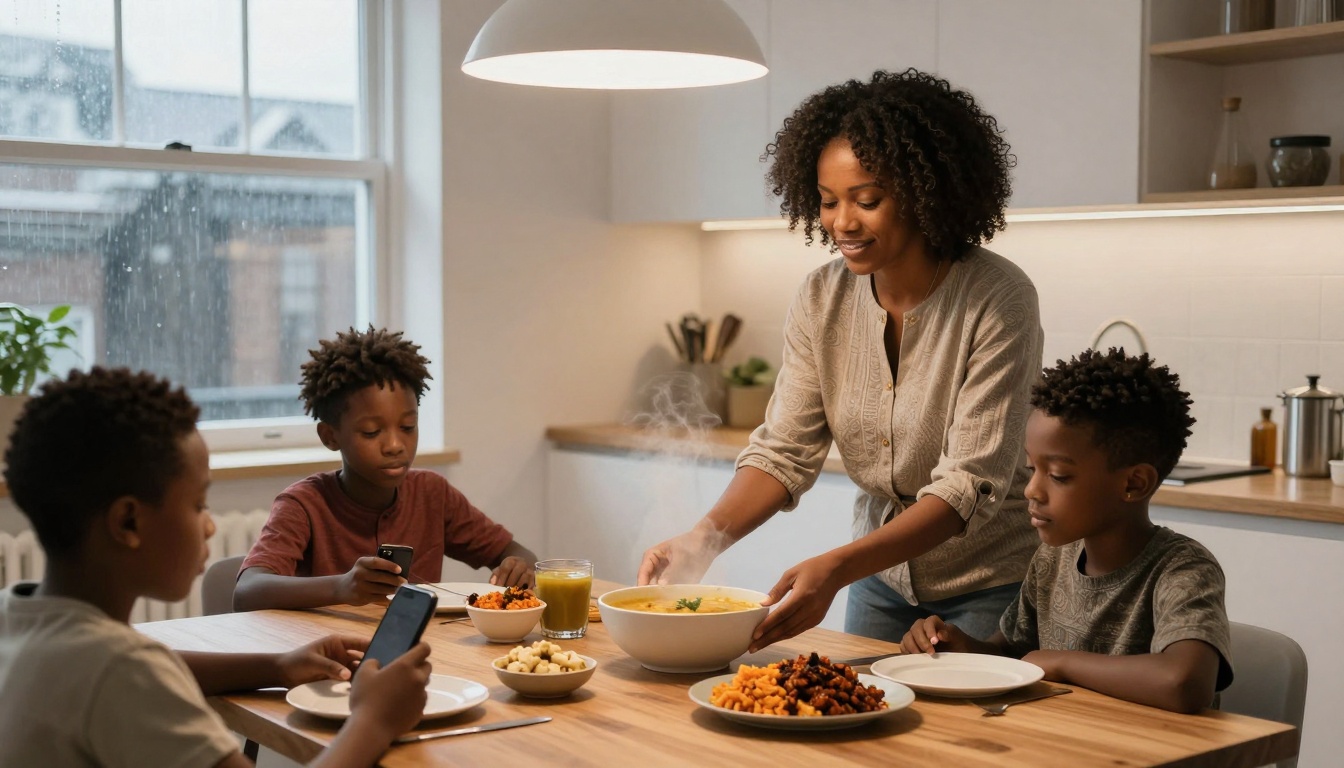 A woman serves a steaming dish to three children at a wooden kitchen table. Two children hold smartphones, and bowls of food are on the table. A window shows rain outside.