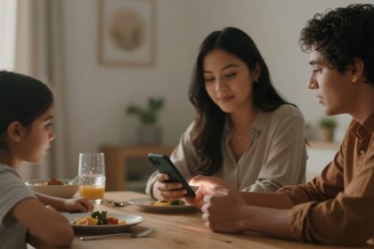 A family of three sits at a wooden dining table. A young girl is focused on her plate of food, while a woman in a beige blouse looks at a phone held by a man in a brown shirt. A glass of orange juice and plates of food are on the table. The background is softly lit with neutral decor.