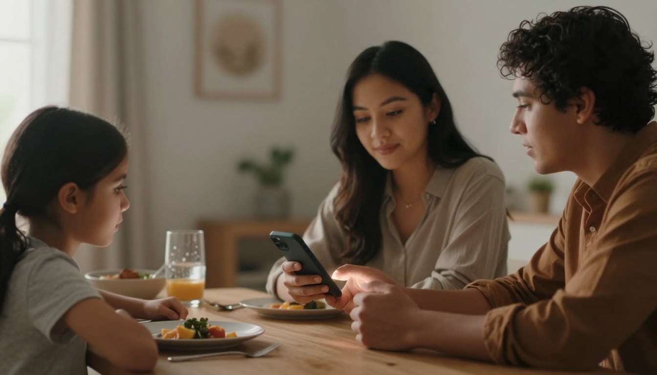 A family of three sits at a wooden dining table. A young girl is focused on her plate of food, while a woman in a beige blouse looks at a phone held by a man in a brown shirt. A glass of orange juice and plates of food are on the table. The background is softly lit with neutral decor.