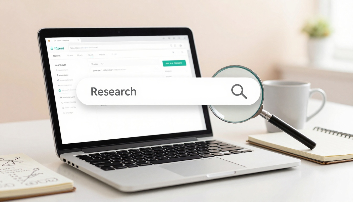A laptop on a desk displays a search engine, with "Research" in the search bar. A magnifying glass hovers over the search bar. Nearby are a notebook with sketches and a white mug.